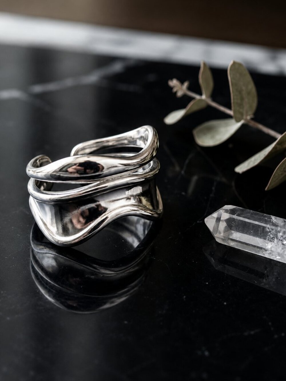 18K White Gold Plated Stainless Steel Open Wave Ring Minimalist Adjustable 7-9 - Picture 5 of 14
